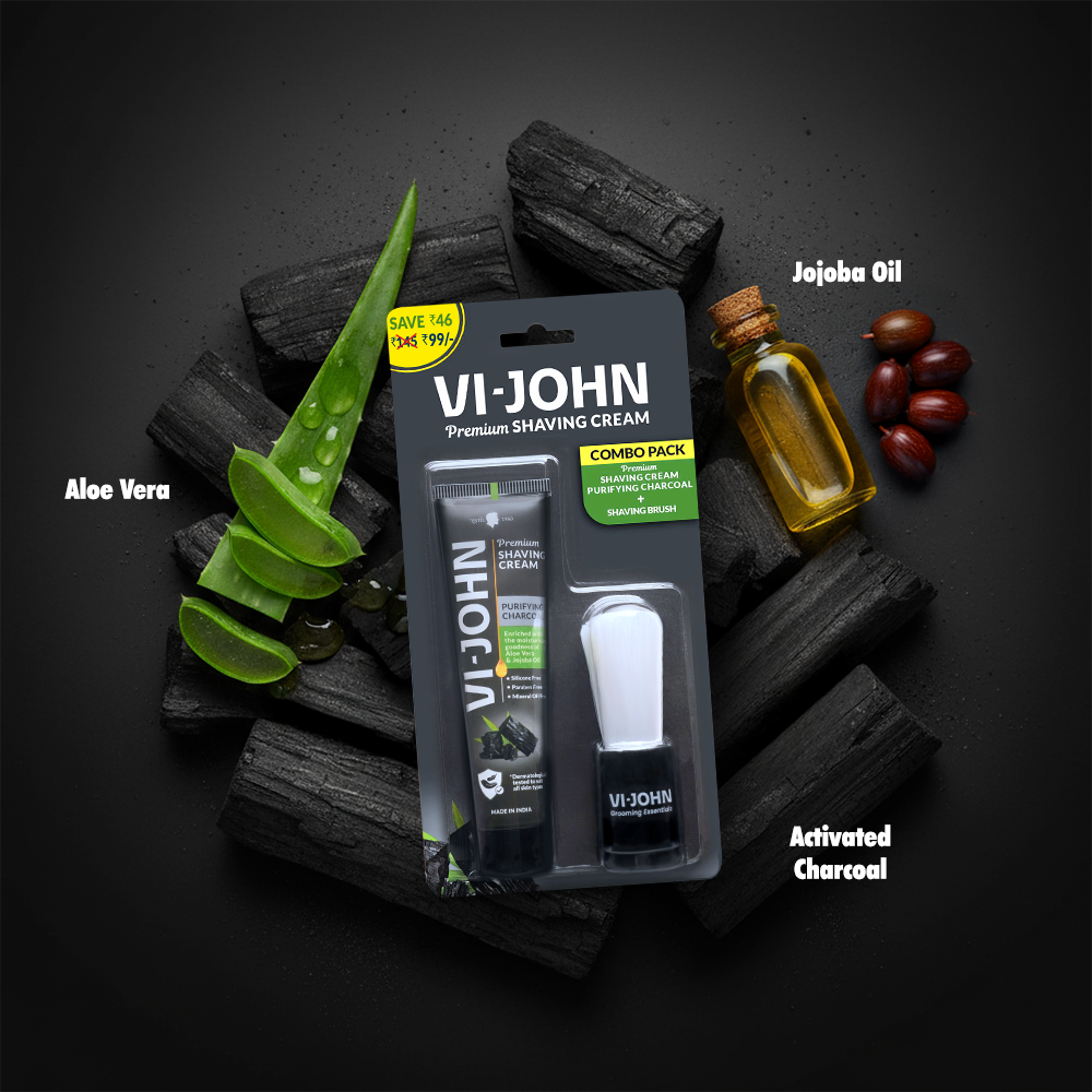 2 VI-JOHN Shaving Cream + Brush (Purifying Charcoal) – Purifying Charcoal VI-JOHN Purifying Charcoal Shaving Cream with Brush Combo | Enriched with Aloe Vera & Jojoba Oil | Deep Cleansing, Smooth & Refreshing Shave - Image 1