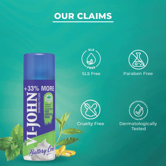 VI-JOHN Sensitive Skin Shaving Foam | Dermatologically Tested Mint & Marine Shaving Foam For All Skin Type enriched with Vitamin E & Tea Tree Oil-401g - Image 3