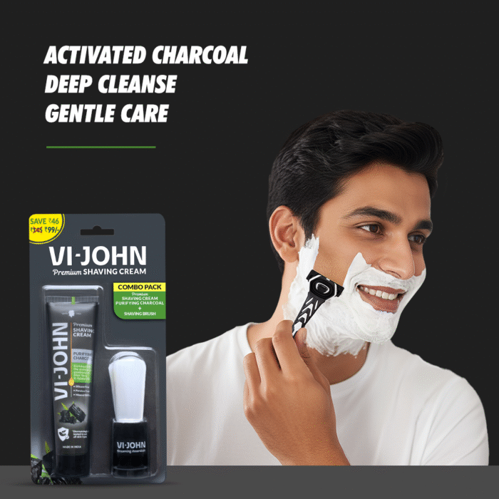 VI-JOHN Purifying Charcoal Shaving Cream with Brush Combo | Enriched with Aloe Vera & Jojoba Oil | Deep Cleansing, Smooth & Refreshing Shave - Image 2