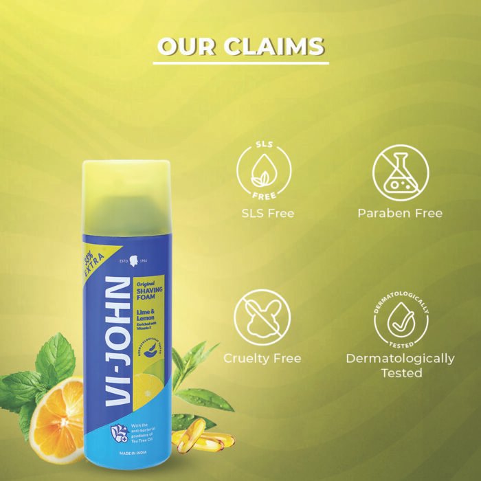 VI-JOHN Best shaving foam for daily use | Dermatologically Tested Lime & Lemon Shaving Foam enriched with Vitamin E & Tea Tree Oil -401g - Image 2