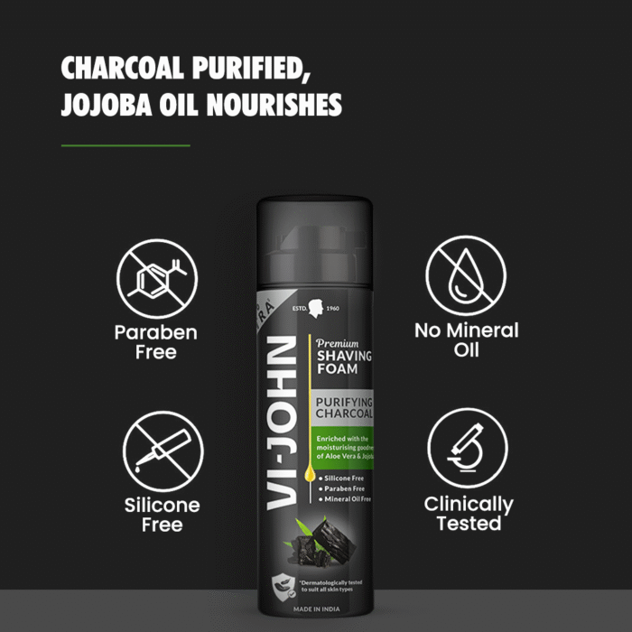 VI-JOHN Purifying Charcoal Shaving Foam for Men - Enriched with Aloe Vera & Jojoba Oil - Image 4