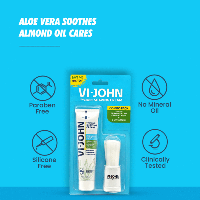 VI-JOHN Calming Aqua Shaving Cream with Brush Combo | Enriched with Aloe Vera & Almond Oil | Smooth, Soothing, and Refreshing Shave - Image 3