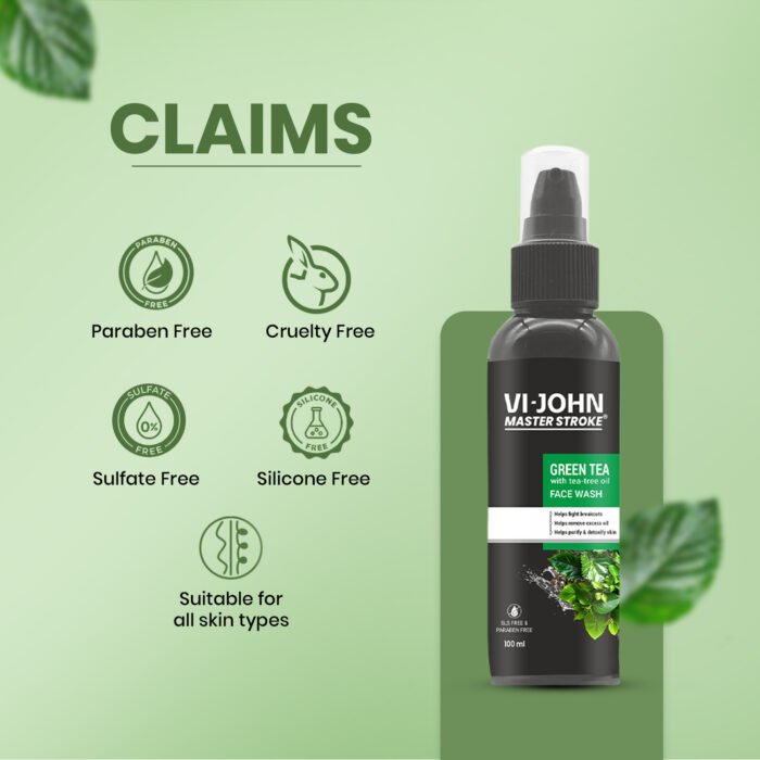VI-JOHN Master Stroke Green Tea with Tea Tree Face Wash 100ML - Image 4