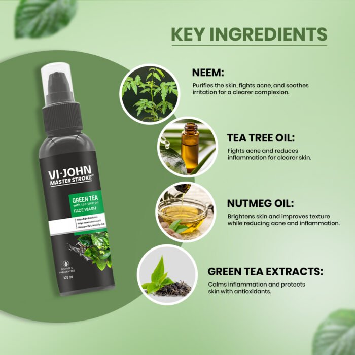 VI-JOHN Master Stroke Green Tea with Tea Tree Face Wash 100ML - Image 2